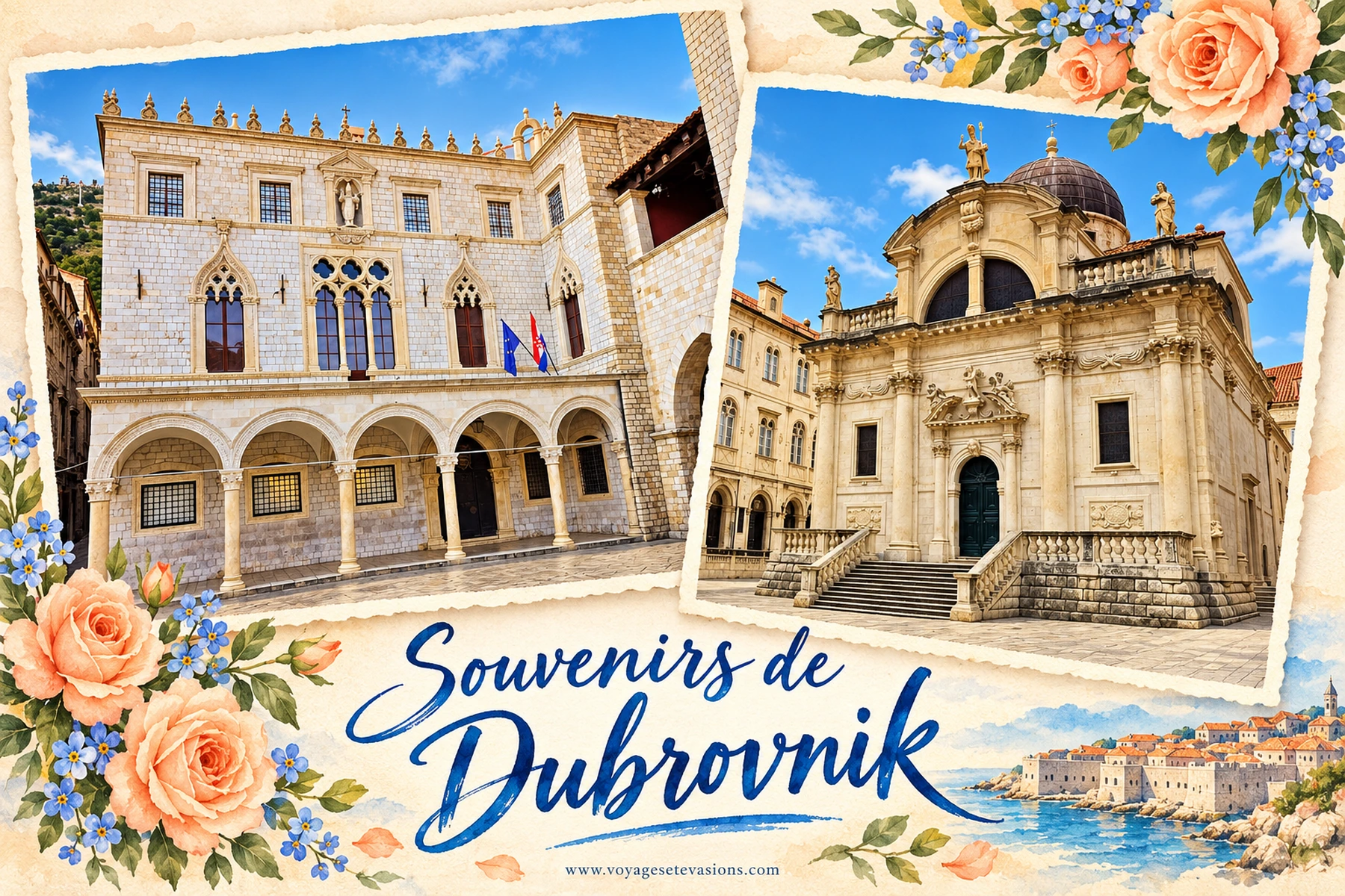 Souvenirs de Dubrovnik : Le palais Sponza et Saint-Blaise, réunis dans un souvenir aux couleurs chaleureuses.