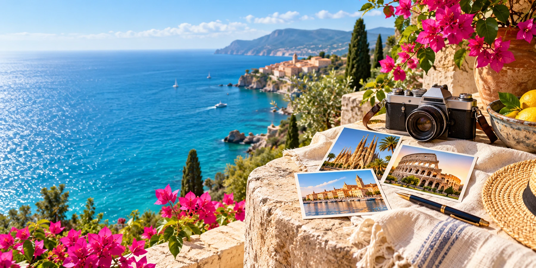 Une terrasse ensoleillée et des souvenirs de voyage à transformer en cartes postales