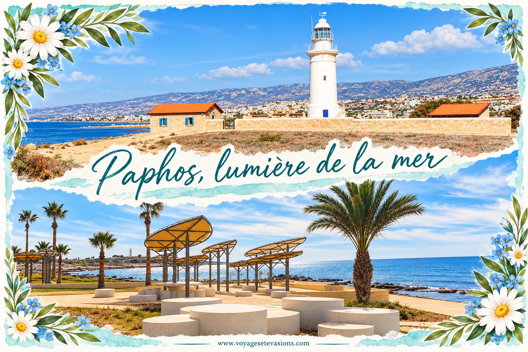 Paphos, lumière de la mer : Le phare et le bord de mer de Paphos, dans une composition lumineuse aux marguerites.
