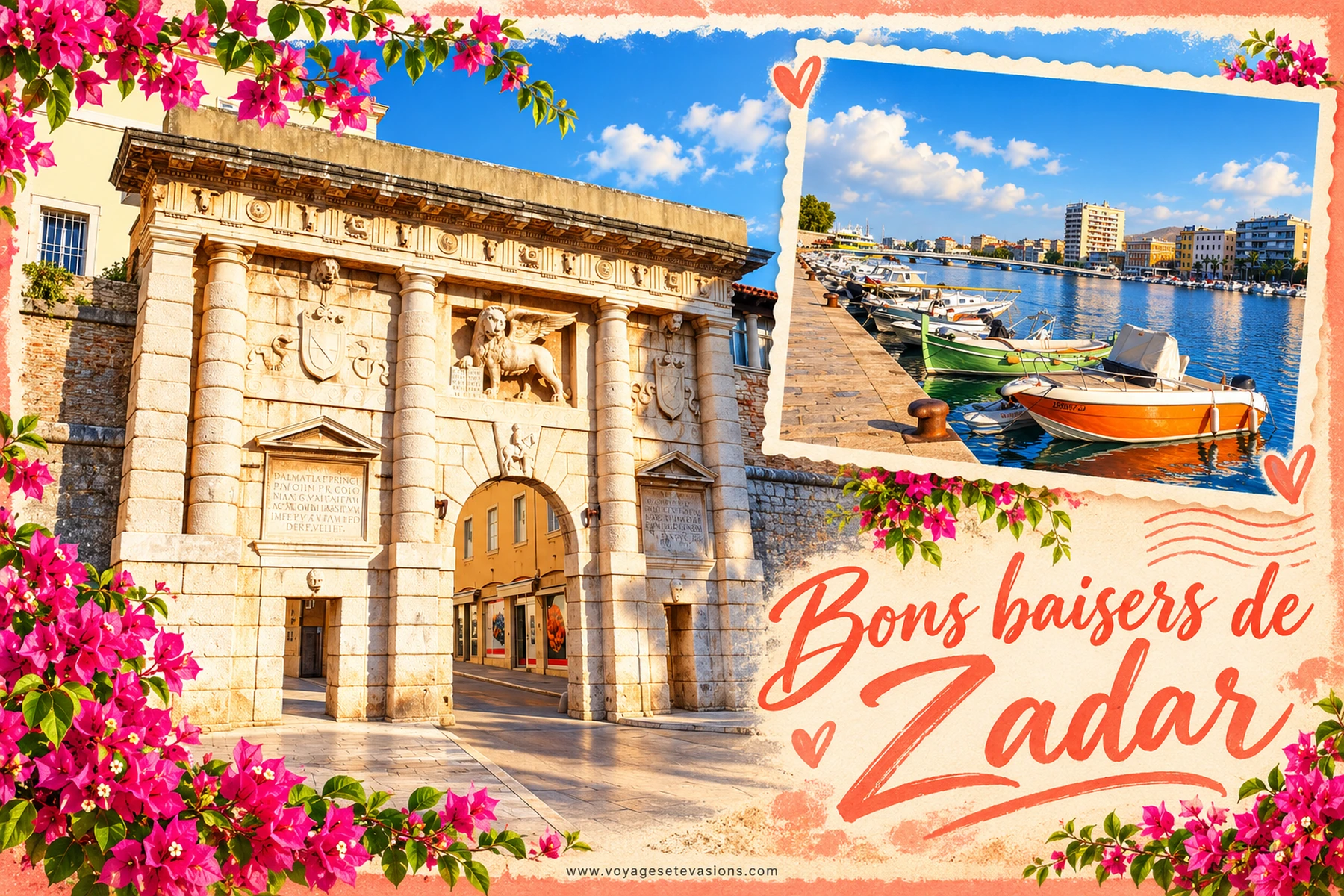 Bons baisers de Zadar : La porte de la Terre ferme et les petits bateaux, avec des fleurs et des bons baisers.