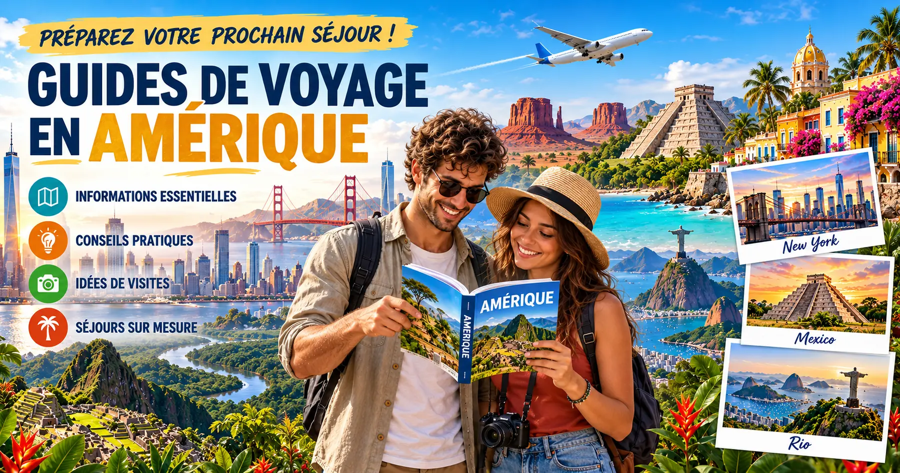 Affiche Guides de voyage en Amérique avec voyageurs, paysages et conseils pratiques