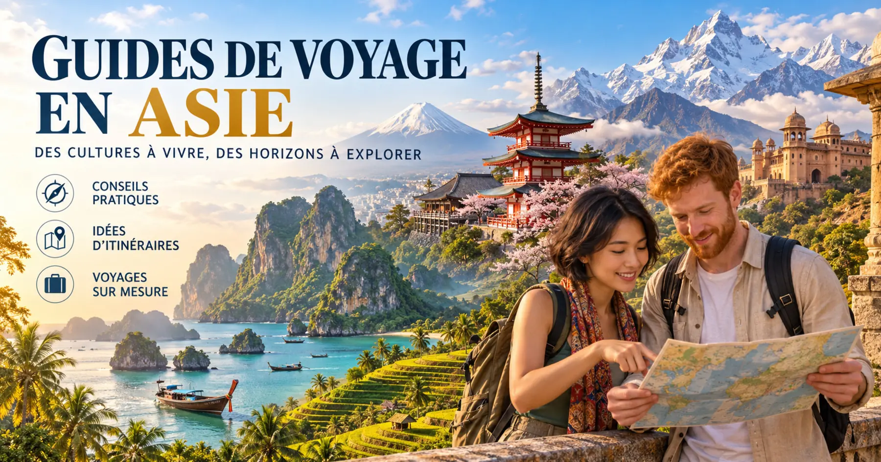 Affiche des guides de voyage en Asie avec voyageurs, temples, montagnes et paysages tropicaux