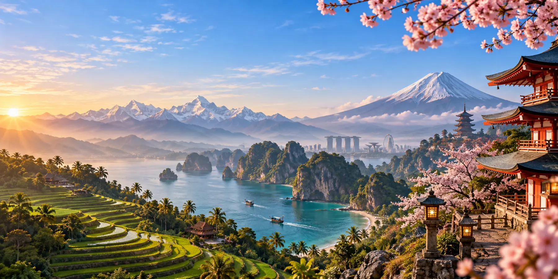 Panorama d’Asie entre Himalaya, mont Fuji, rizières, temples et baie tropicale