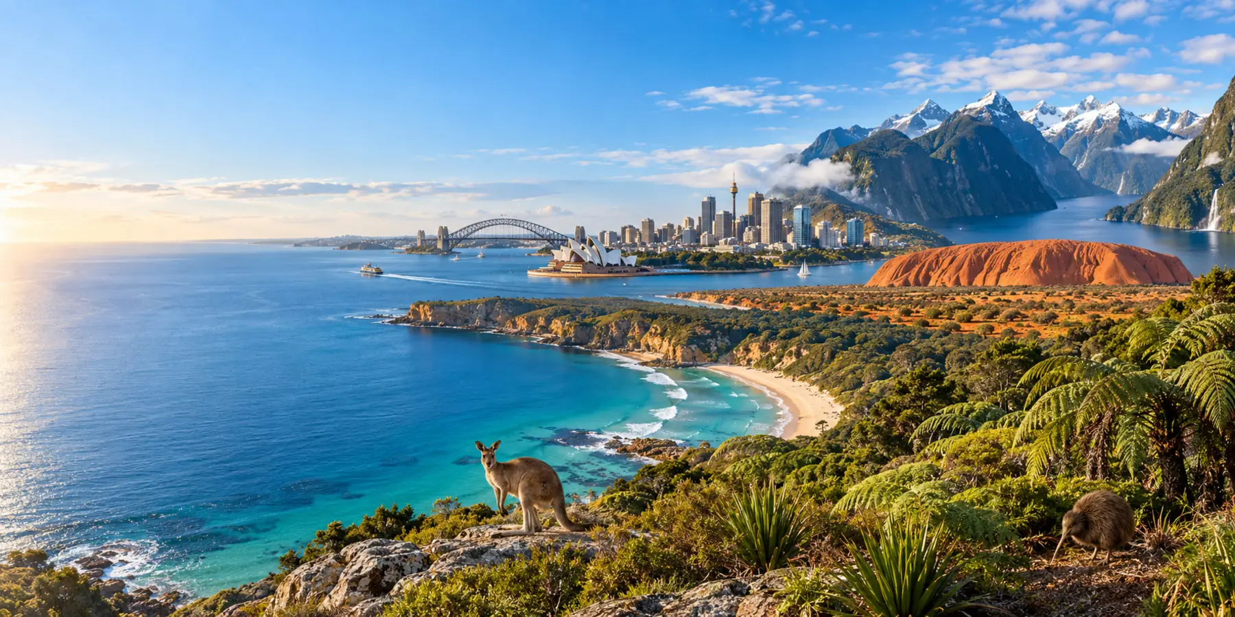 Panorama d’Océanie entre Sydney, côte australienne, Uluru et fjords néo-zélandais