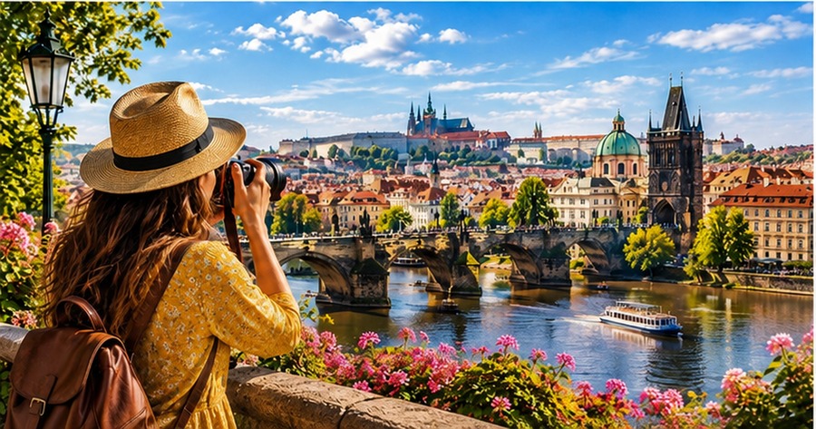 Voyageuse photographiant une ville européenne avant son départ