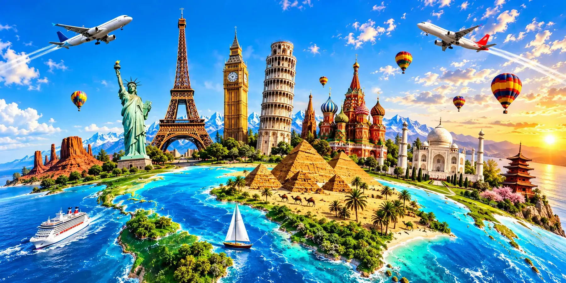 Monuments emblématiques du monde réunis dans un paysage panoramique