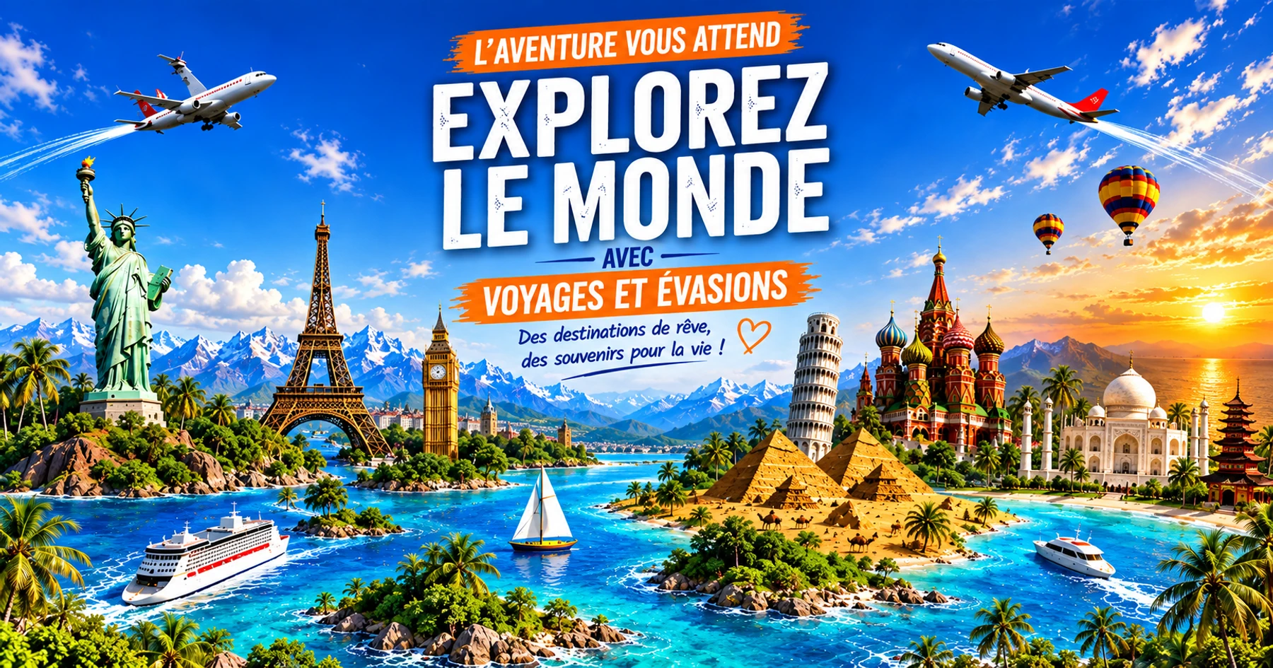 Explorez le monde avec Voyages et Evasions : monuments emblématiques, îles et mer turquoise.