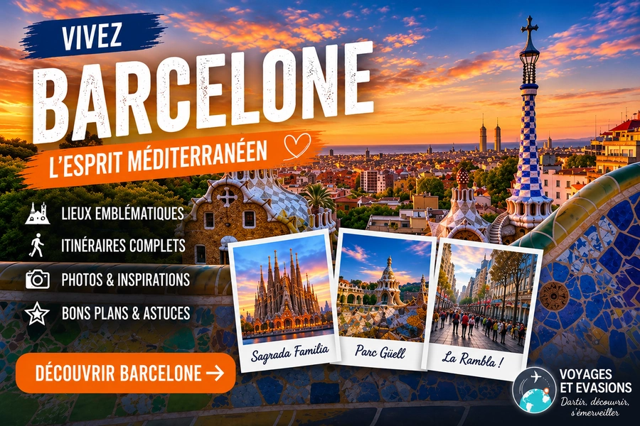 Affiche touristique de Barcelone avec la Sagrada Família, le parc Güell et les Ramblas