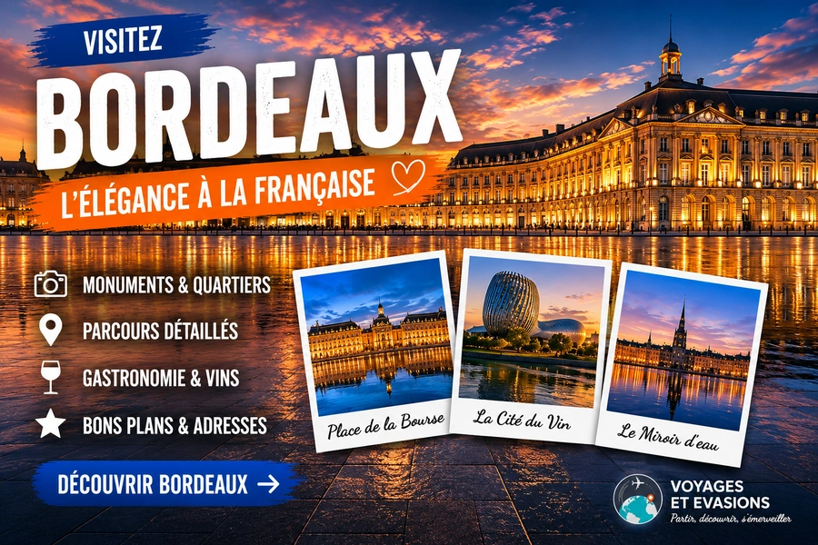 Affiche touristique de Bordeaux avec la place de la Bourse, le miroir d’eau et trois vues emblématiques