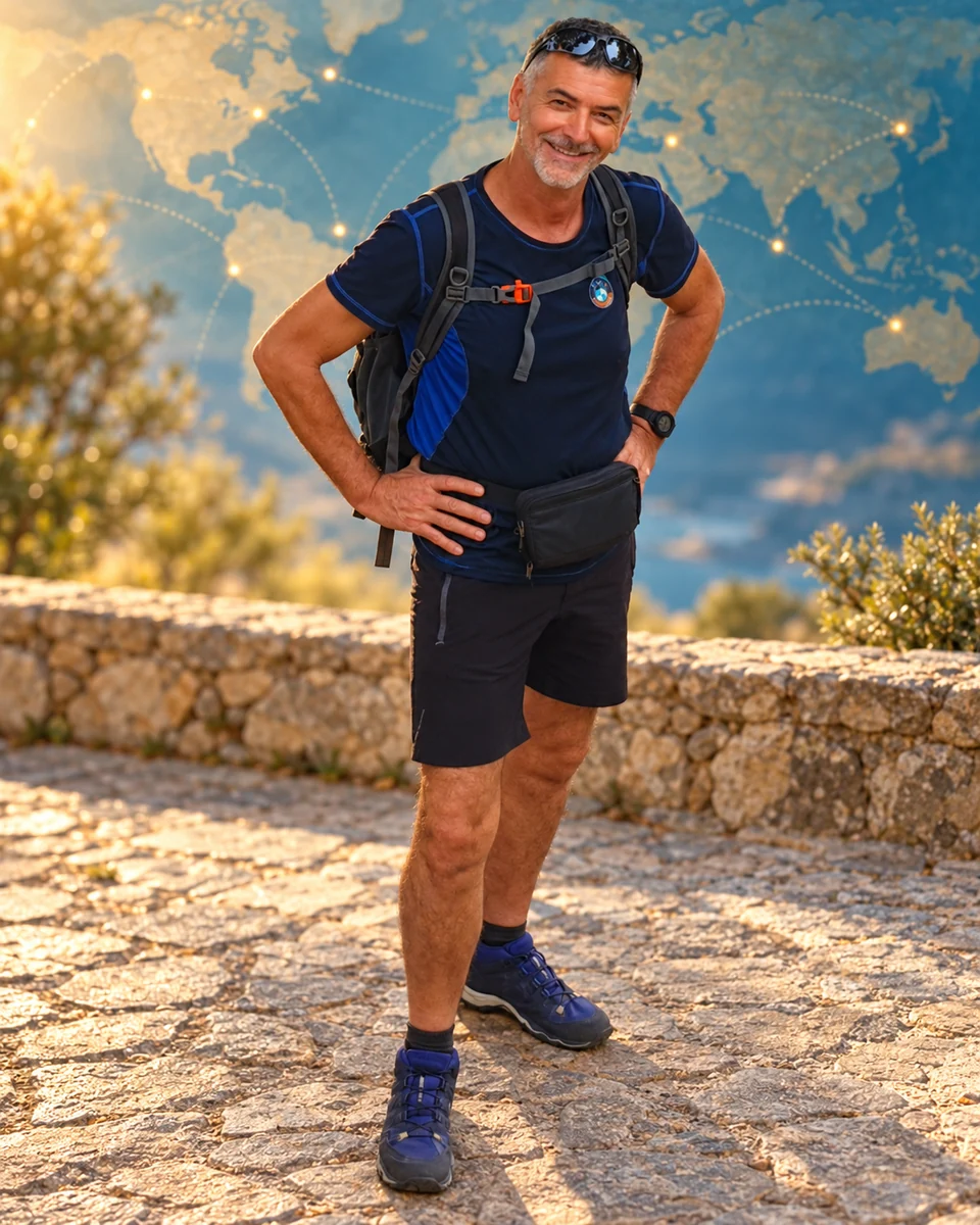 Portrait de Bruno Giulian avec ses chaussures bleues sur un fond de voyage