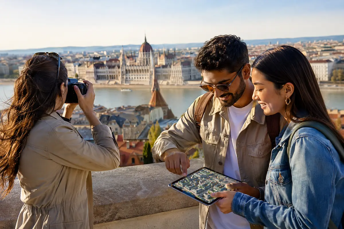 Voyageurs découvrant Budapest avec un appareil photo et une visite en trois dimensions sur tablette