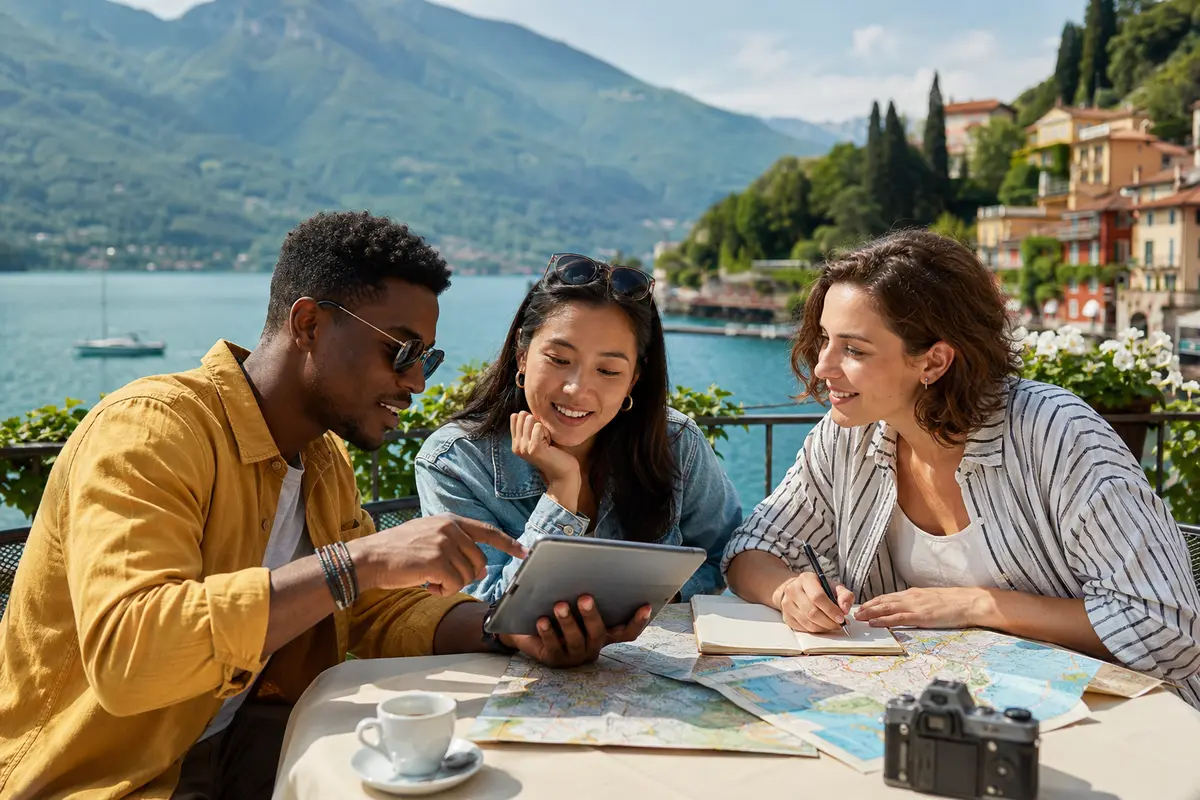 Trois voyageurs organisant leur séjour avec une tablette et des cartes face au lac de Côme