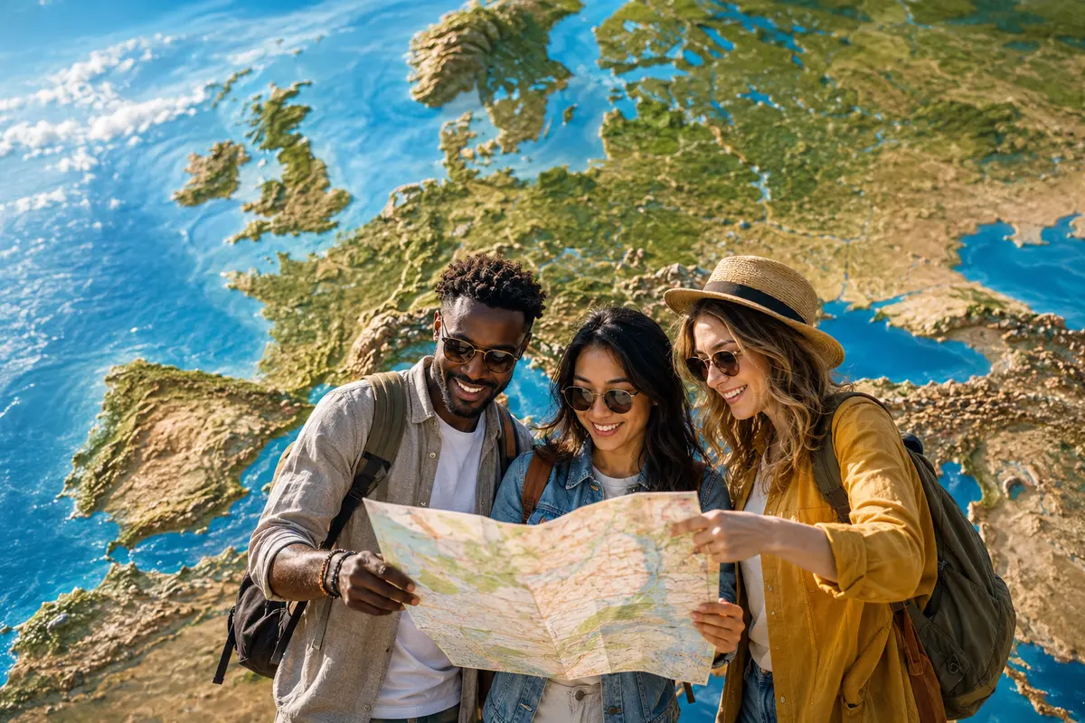 Trois voyageurs consultant une carte devant une vue aérienne de l’Europe