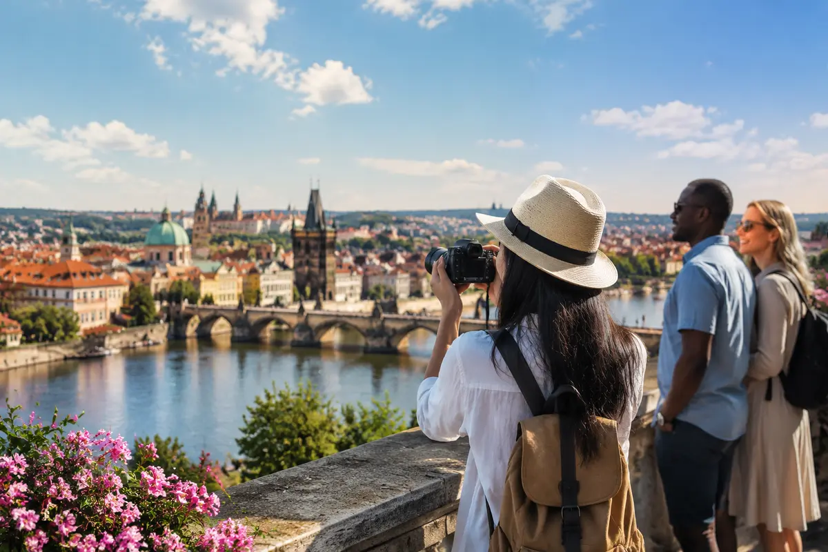 Voyageuse photographiant le pont Charles et les monuments historiques de Prague