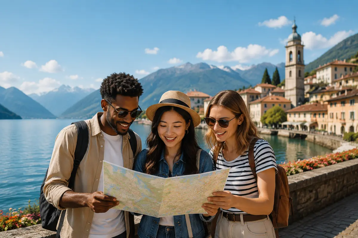 Trois voyageurs préparant leur séjour au bord d’un lac alpin en Europe