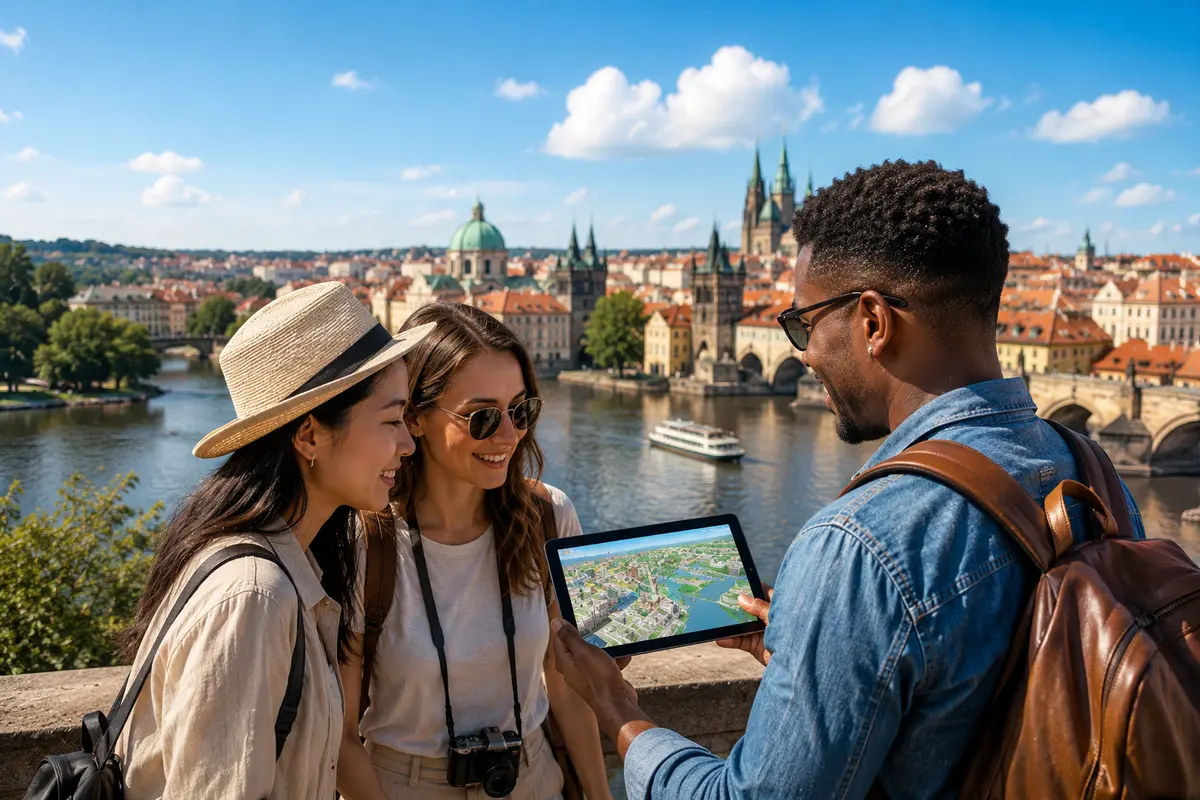 Voyageurs visualisant un parcours en trois dimensions sur une tablette à Prague