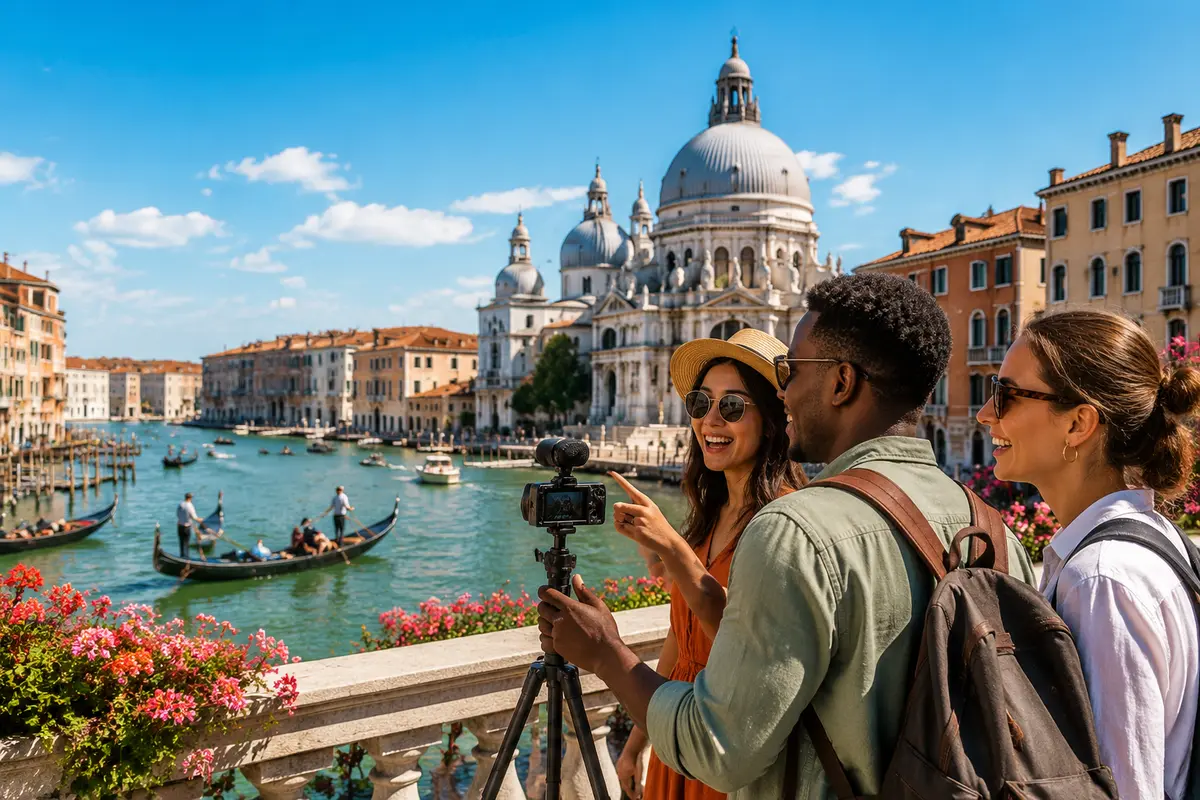 Voyageurs filmant une visite devant le Grand Canal et les monuments de Venise