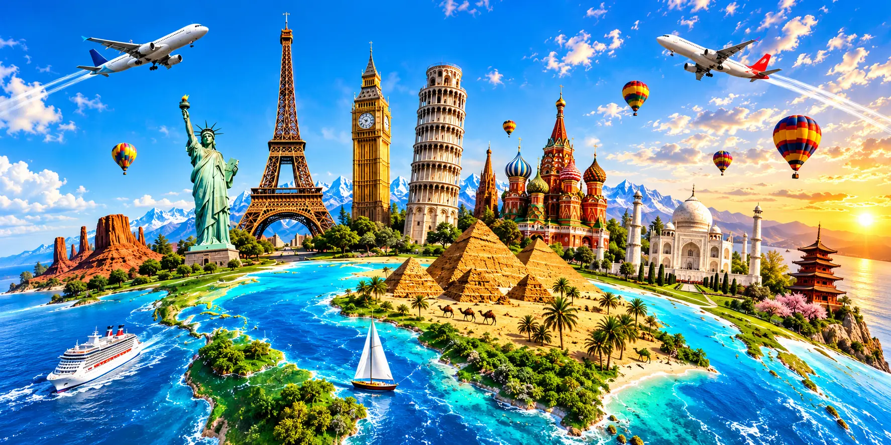 Monuments emblématiques du monde réunis dans un paysage panoramique