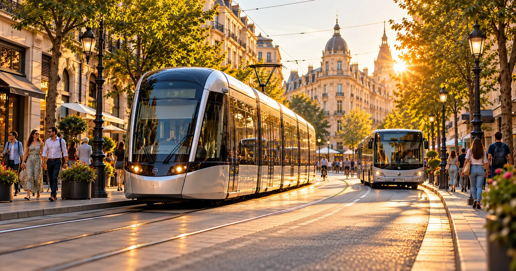 Illustration d’ambiance : tramway et bus en ville