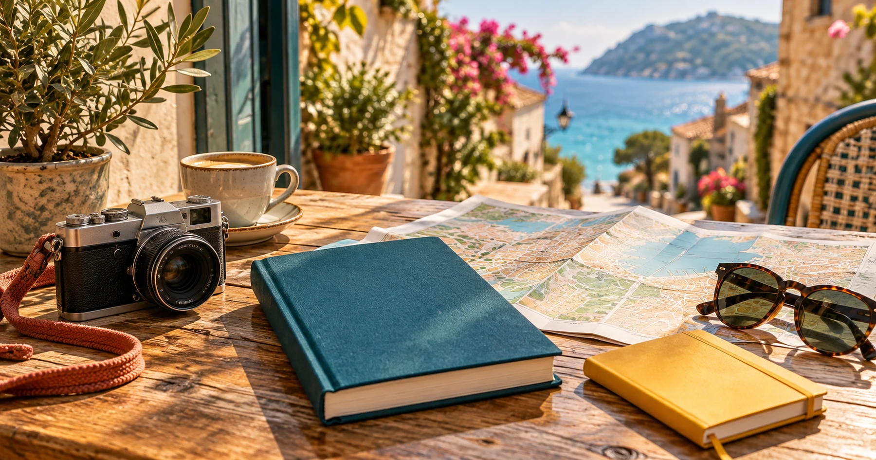 Carnet, carte et appareil photo pour préparer un séjour