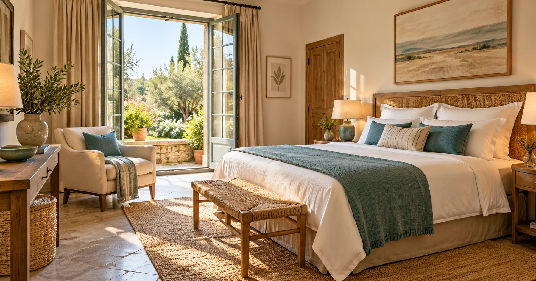 Chambre lumineuse avec linge blanc et mobilier en bois