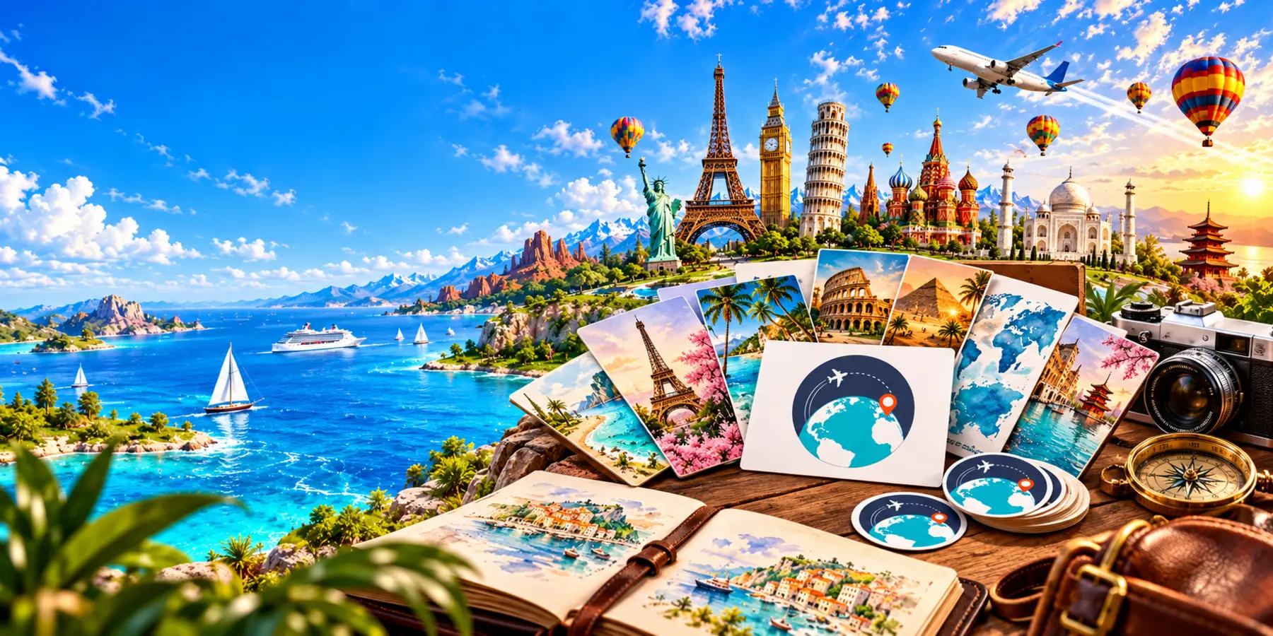 Panorama illustré du monde avec les supports de Voyages et Evasions