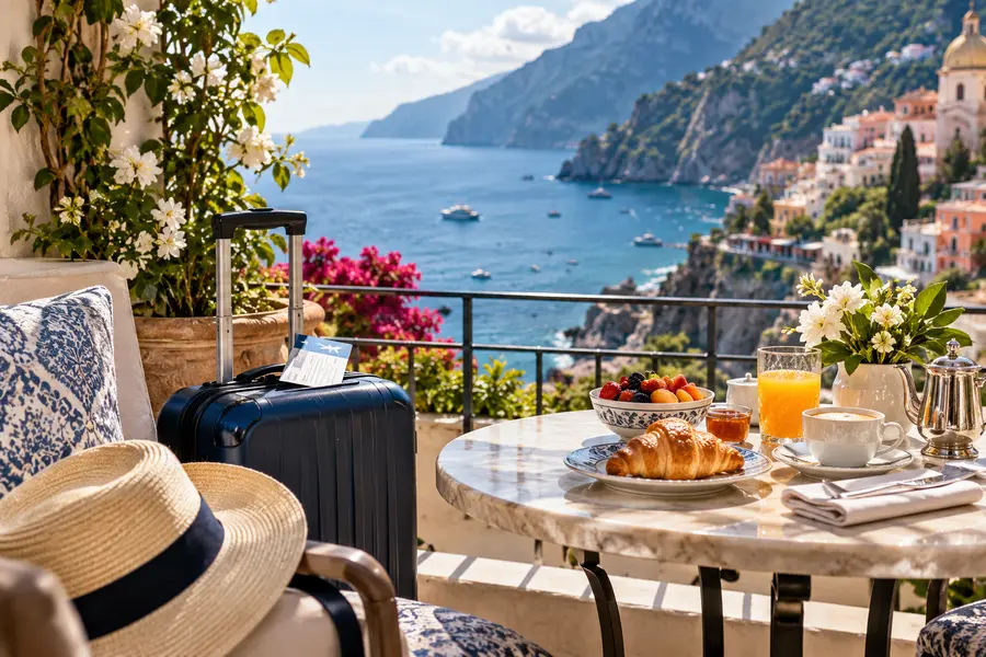 Petit-déjeuner de vacances et valise sur une terrasse méditerranéenne