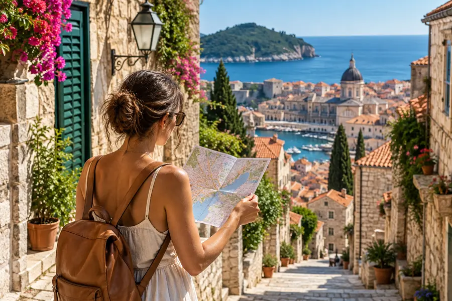 Voyageuse suivant un itinéraire dans une ville historique en bord de mer