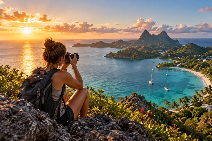 Voyageuse photographiant une baie tropicale au coucher du soleil