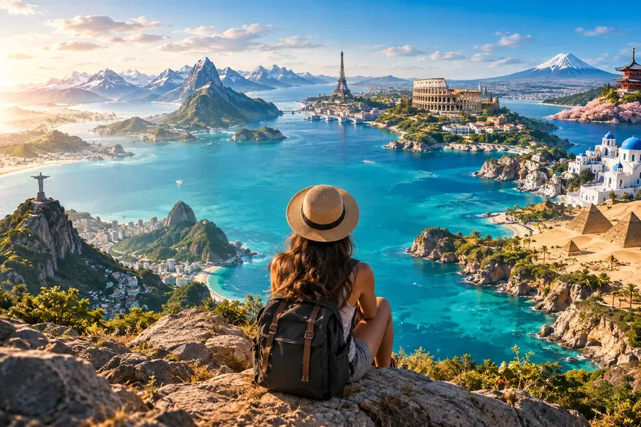 Voyageuse contemplant des paysages et monuments emblématiques du monde