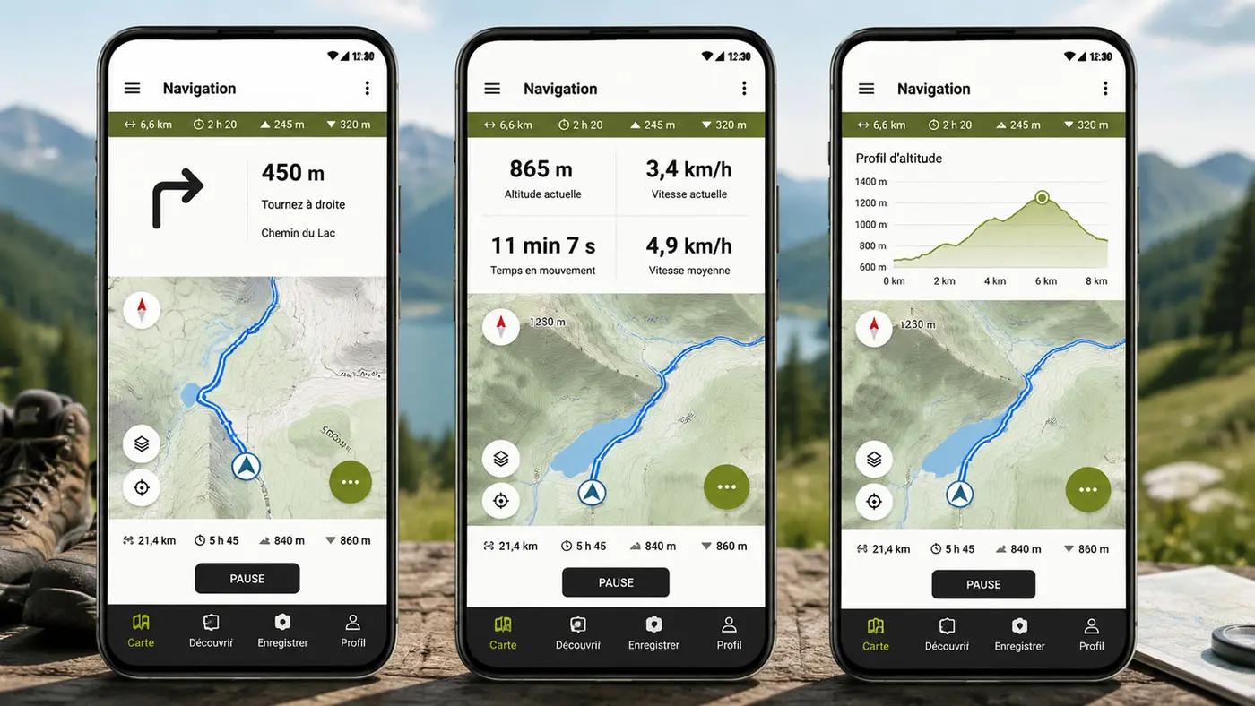 Trois smartphones affichant un itinéraire GPS, une carte de randonnée et un profil d’altitude