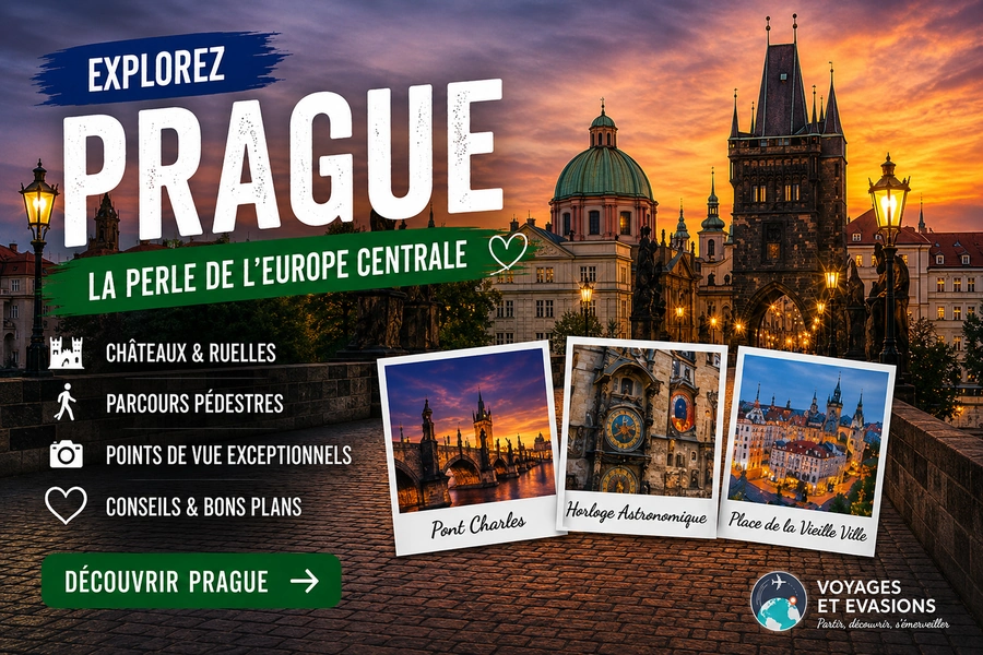 Affiche touristique de Prague avec le pont Charles, l’horloge astronomique et la vieille ville