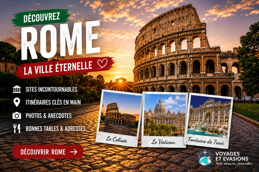 Affiche touristique de Rome avec le Colisée, le Vatican et la fontaine de Trevi
