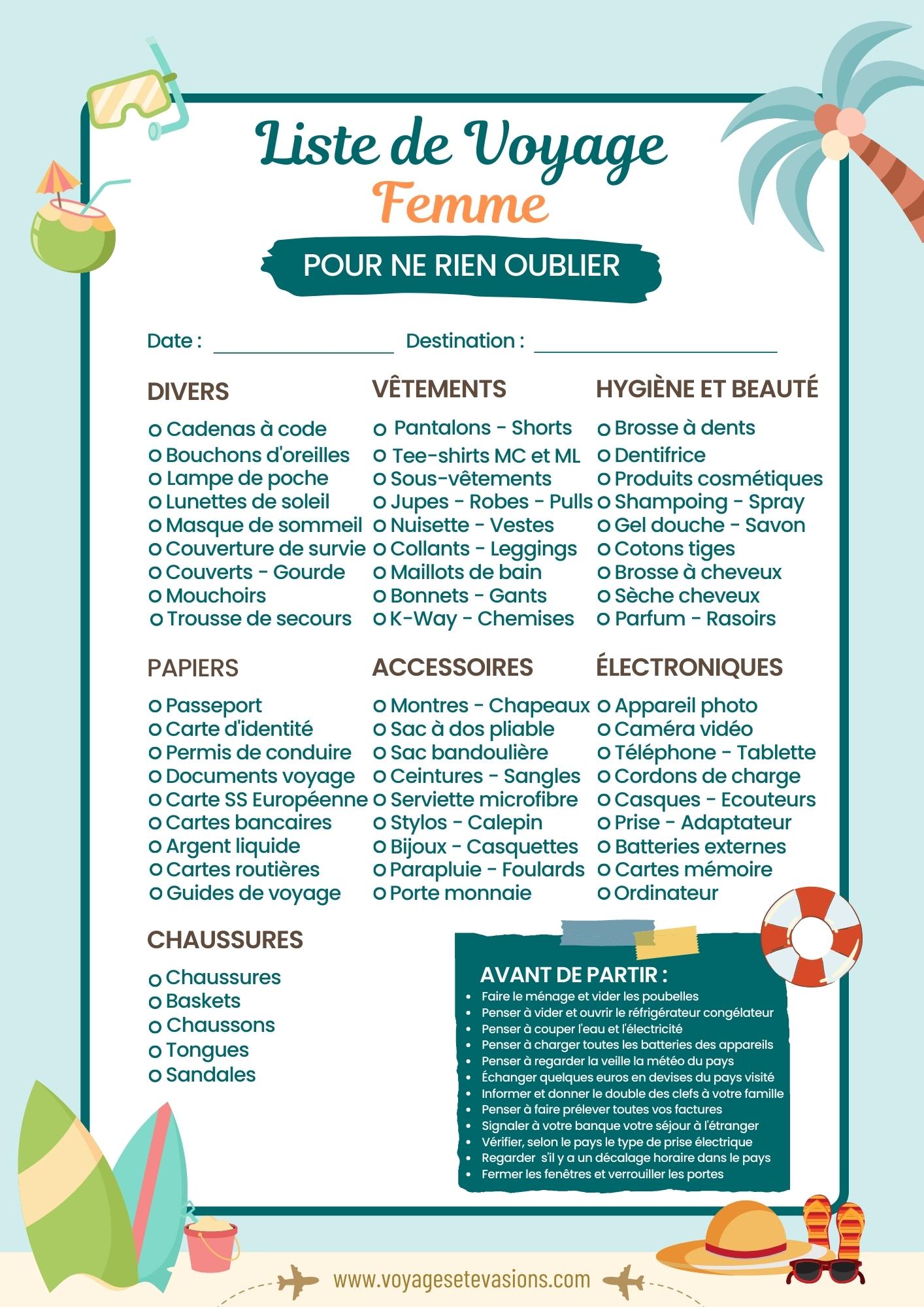 liste de voyage femme