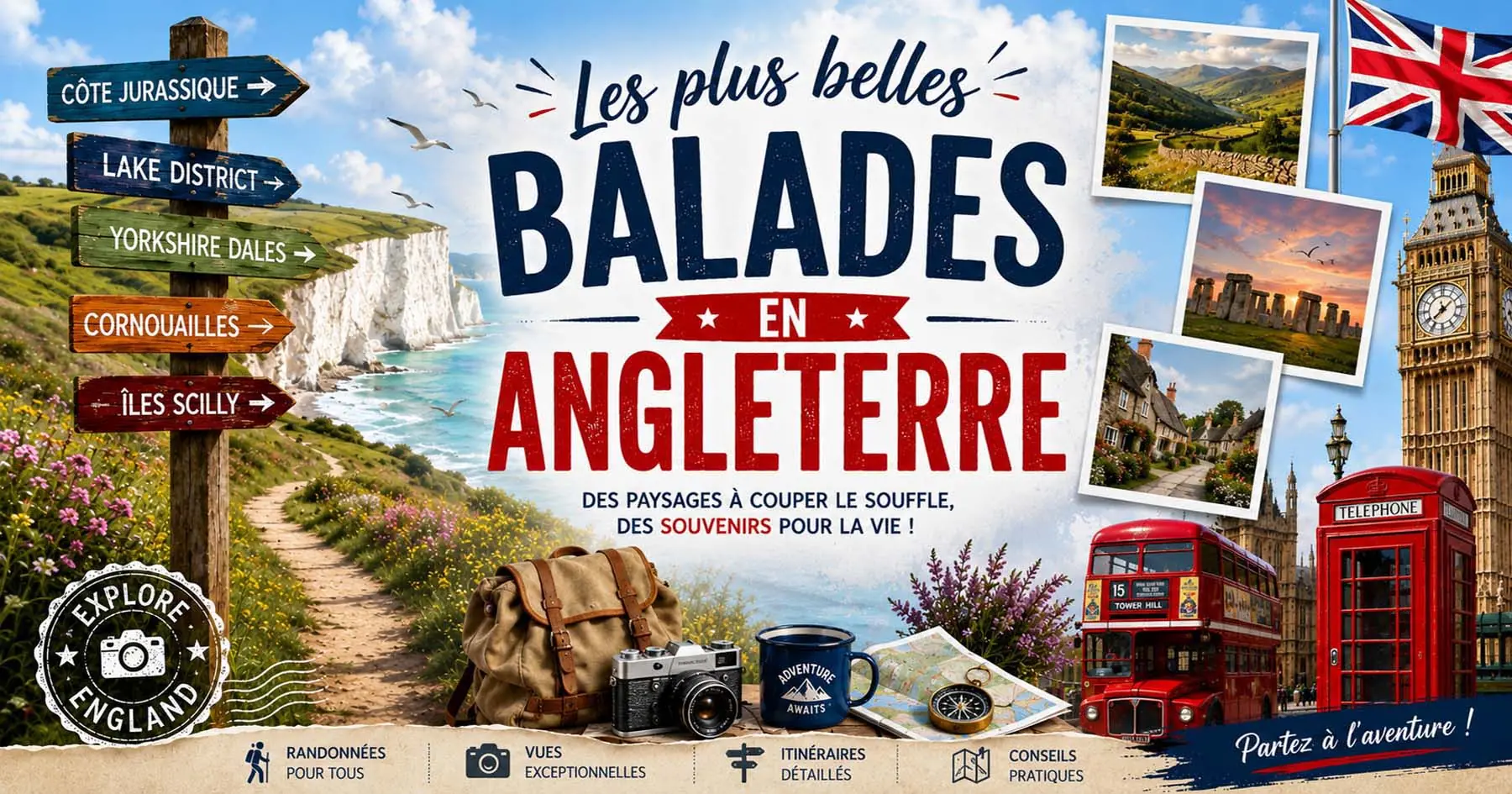 Affiche de parcours en Angleterre entre Londres, falaises blanches, campagne et villages historiques