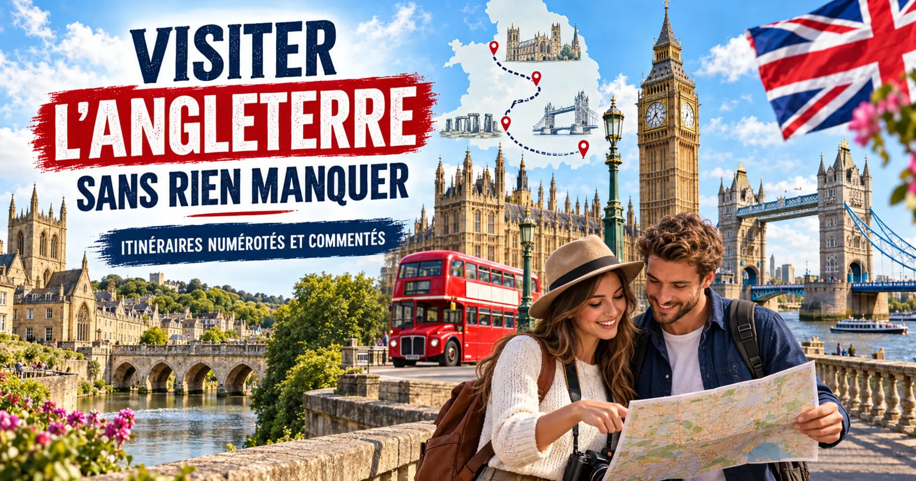 Affiche verticale pour visiter les monuments, églises, musées et quartiers d’Angleterre