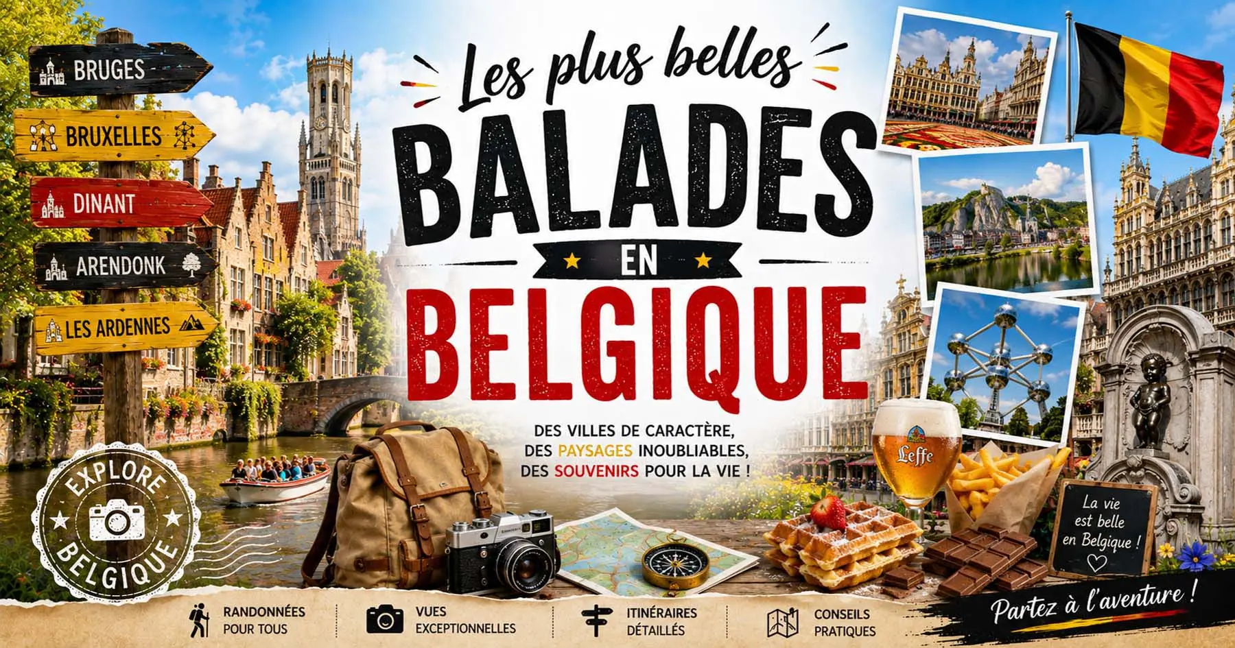 Affiche des parcours en Belgique reliant places, beffrois, églises et musées