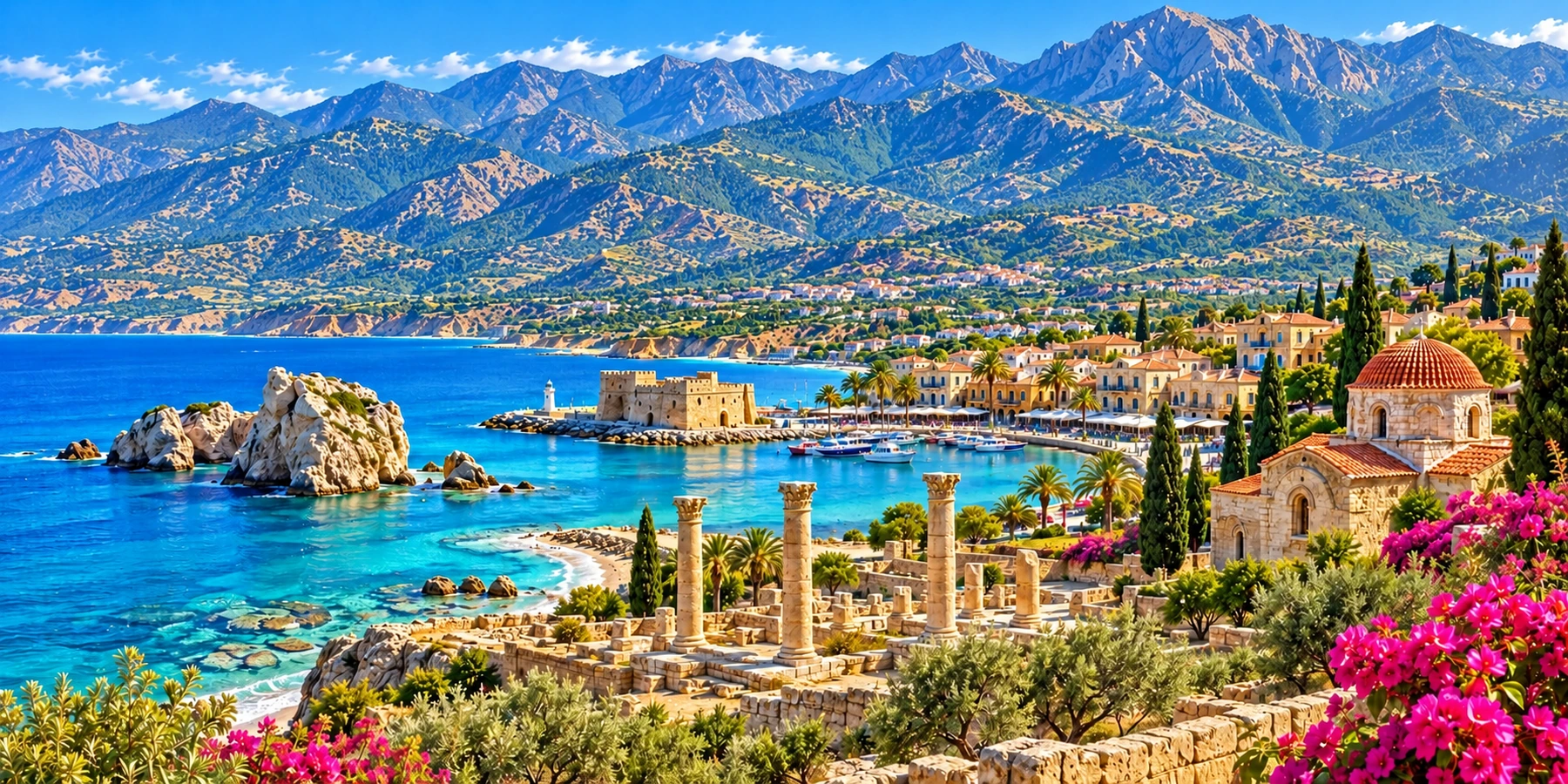 Voyageurs découvrant les vestiges, le littoral et les paysages lumineux de Paphos à Chypre