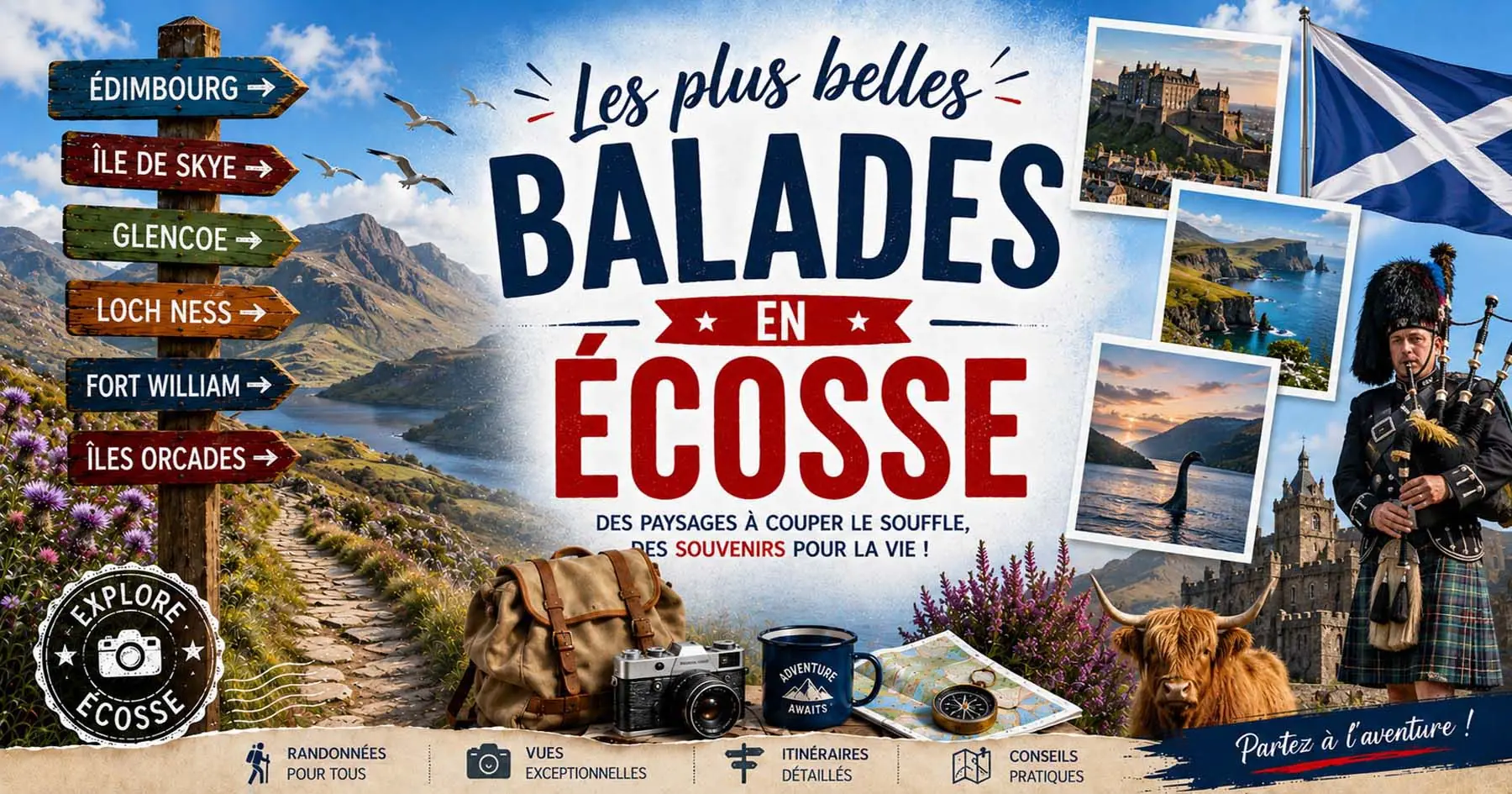 Affiche des parcours à Édimbourg et Glasgow entre châteaux, musées et quartiers historiques