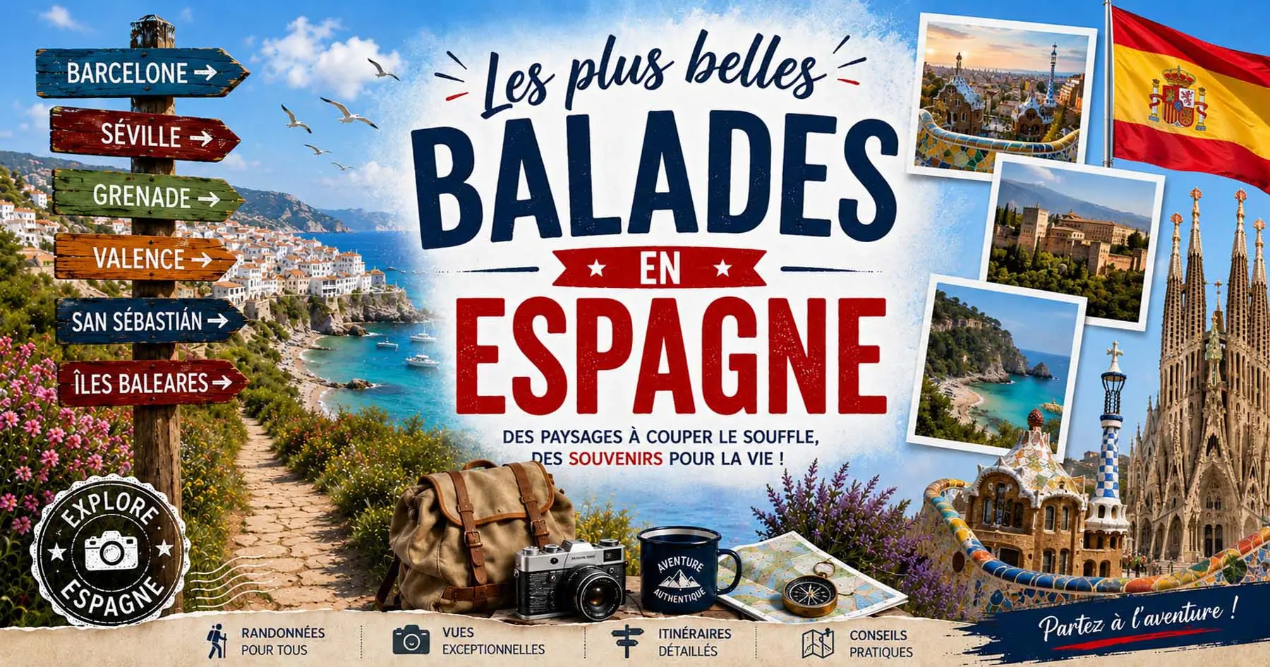 Affiche des itinéraires en Espagne reliant palais, cathédrales, musées et marchés