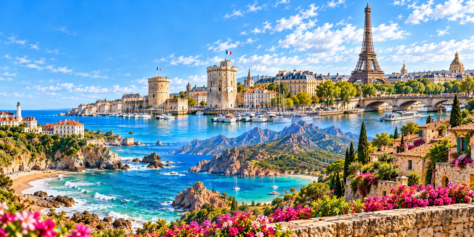 Panorama illustré de la France entre monuments, littoral et paysages