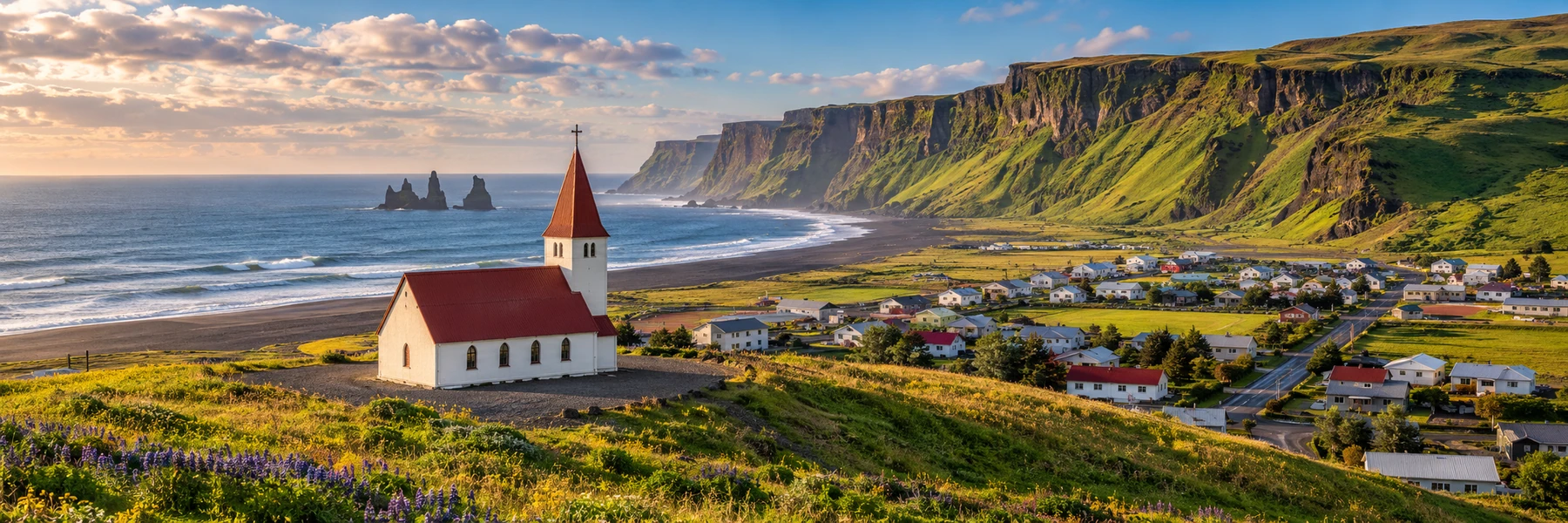 Illustration panoramique de Vík í Mýrdal