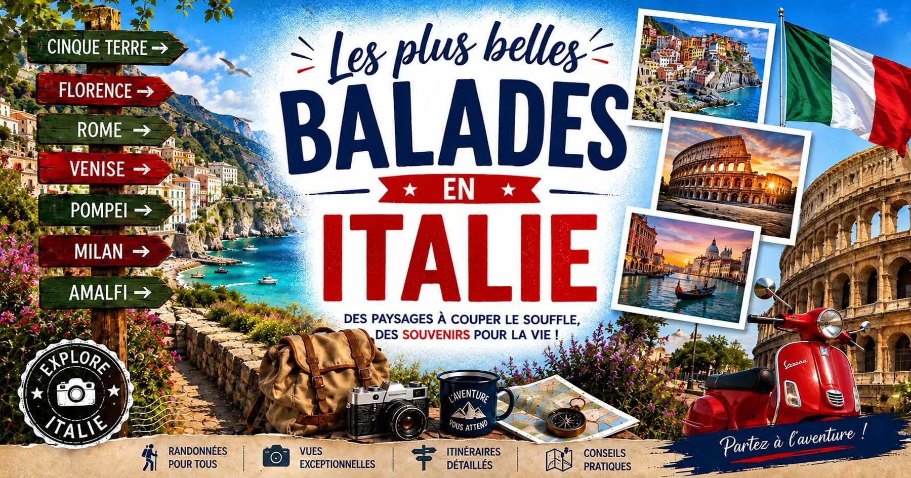 Affiche des parcours en Italie pour visiter basiliques, palais, musées, places et vestiges