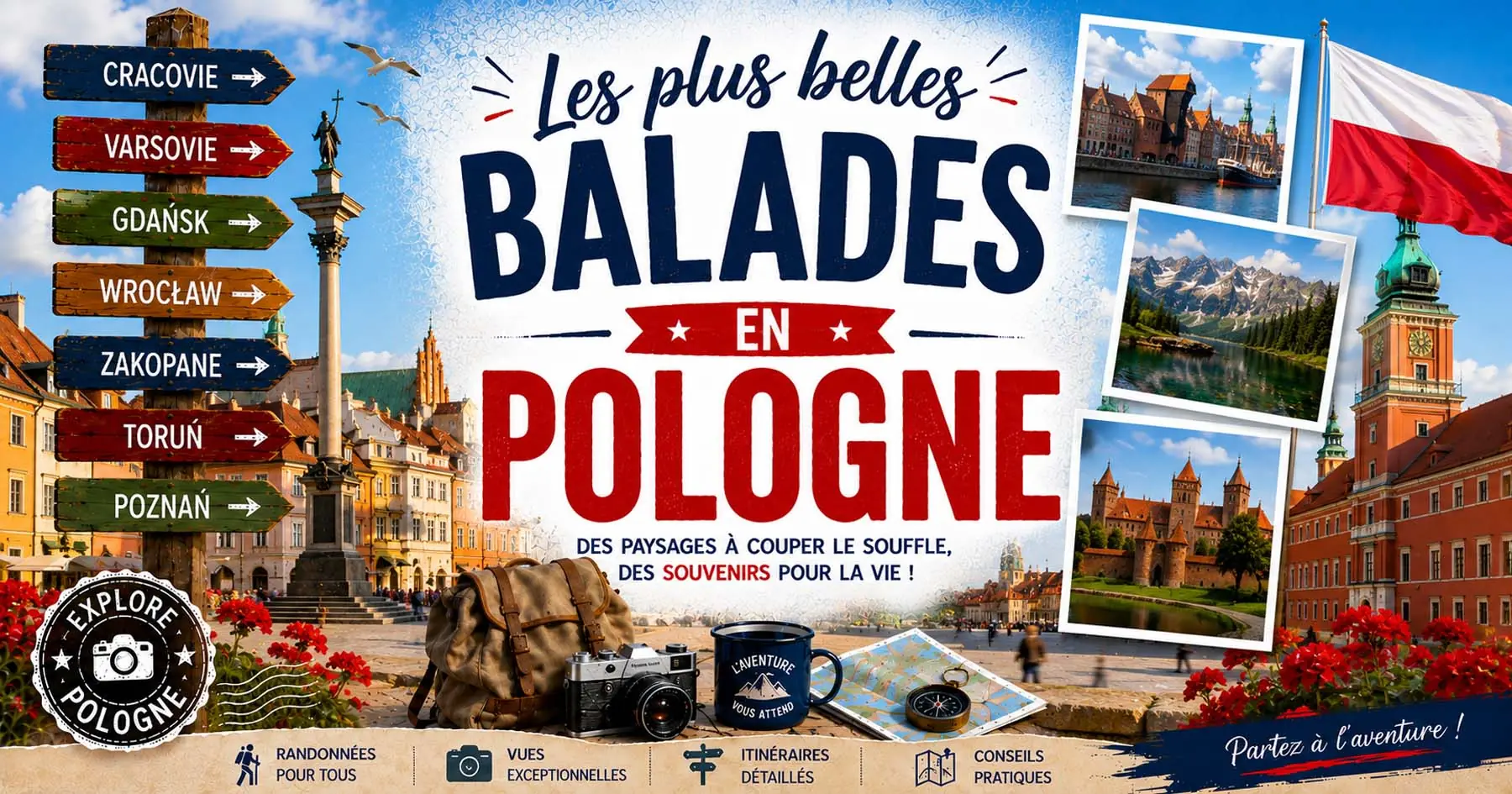 Affiche des visites en Pologne reliant châteaux, églises, musées et lieux de mémoire