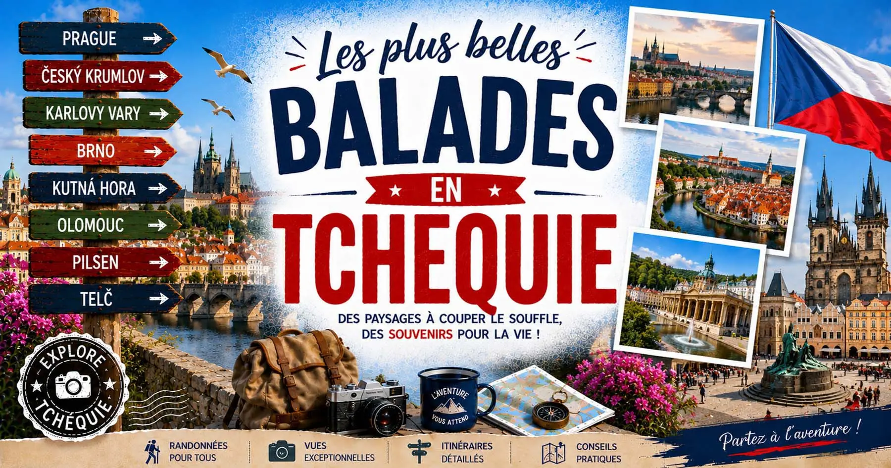 Affiche de balades en Tchéquie entre Prague, villes thermales, châteaux et forêts de Bohême