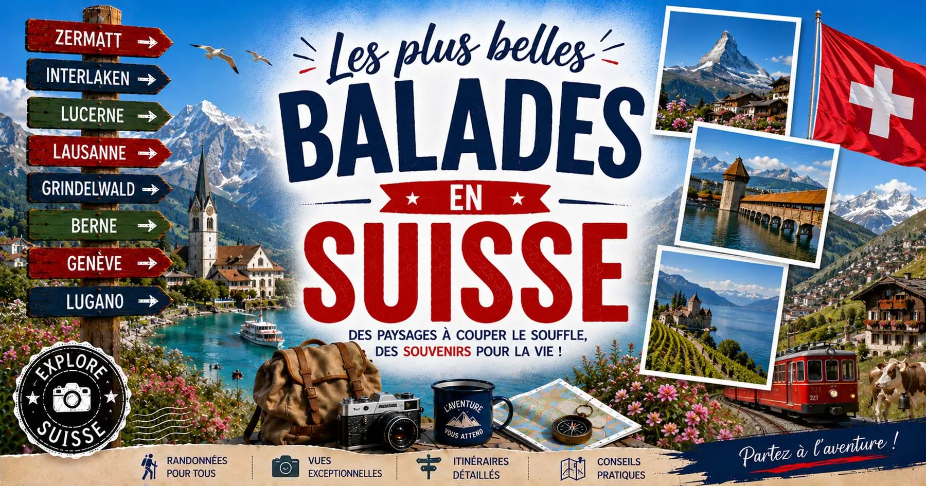 Affiche des itinéraires urbains en Suisse entre cathédrales, musées, tours et quais