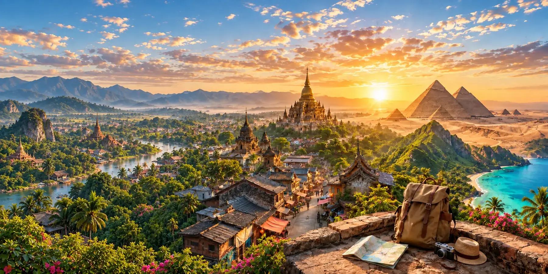 Paysages de voyage avec temples, pyramides, montagnes et littoral