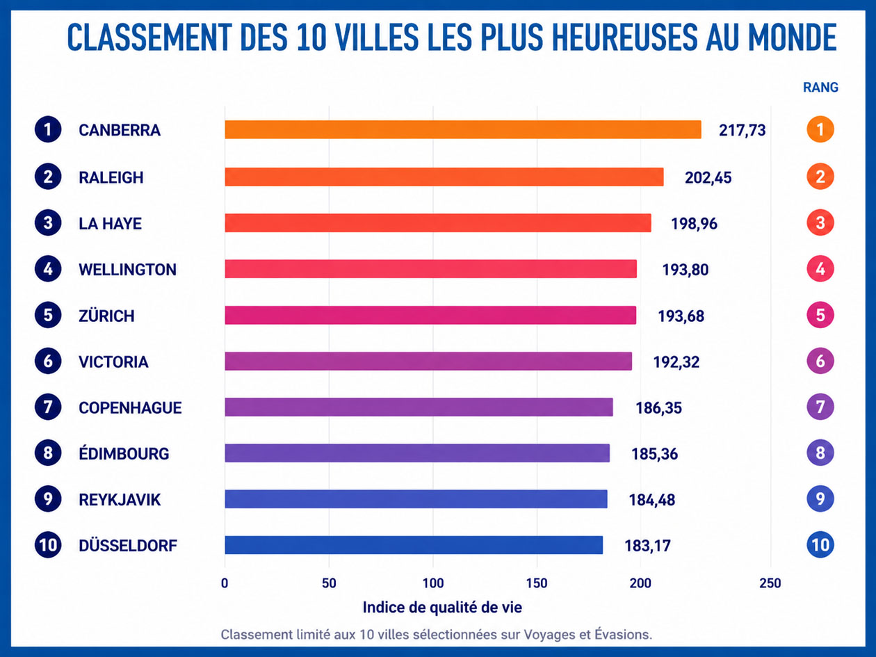 Tableau des 10 villes les plus heureuses au Monde