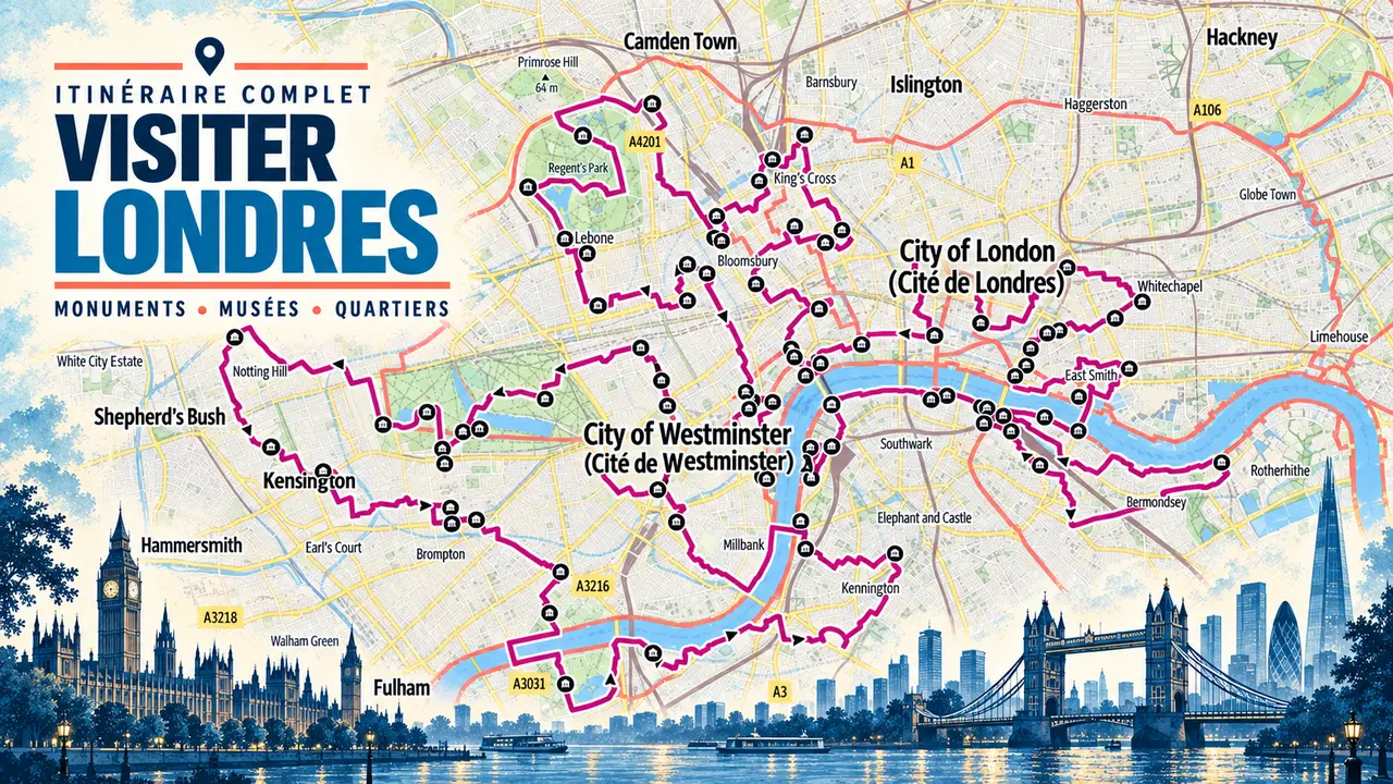 Carte détaillée du parcours de Londres reliant Westminster, la City, Camden, Kensington et les rives de la Tamise