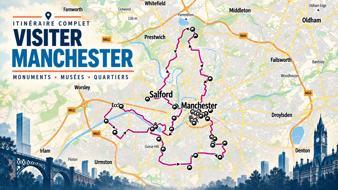 Carte détaillée du parcours de Manchester traversant le centre, Salford et les quartiers situés au nord et au sud de la ville